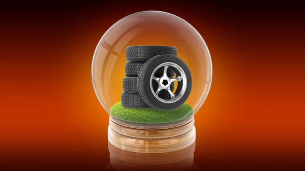Transparent sphere ball with tires of car inside. 3D rendering.