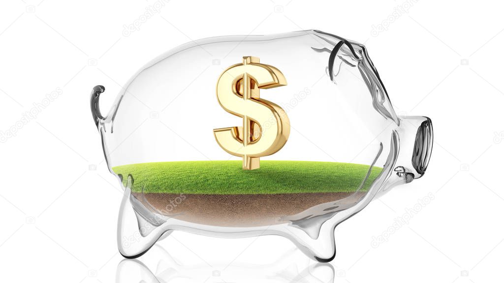 Dollar sign inside transparent piggy bank. 3d rendering