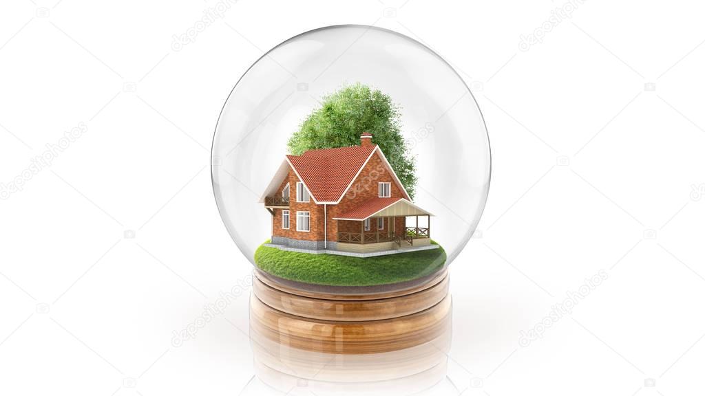 Transparent sphere ball with wooden house inside. 3D rendering.