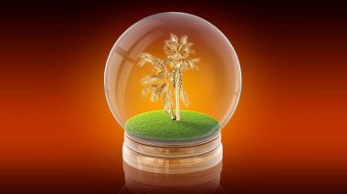 Şeffaf küre içinde altın palmiye topla. 3D render.