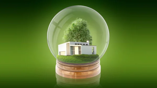 Bola de esfera transparente com casa branca moderna dentro. Renderização 3D . — Fotografia de Stock