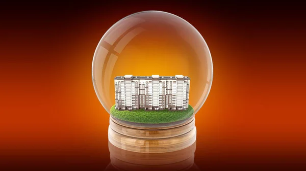 Transparent sphere ball with modern partment house inside. 3D rendering.