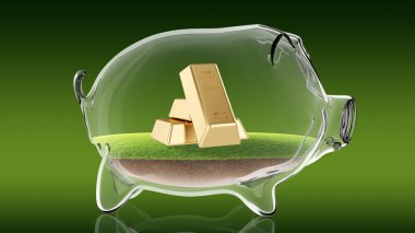 Altın çubuklar şeffaf kumbara içinde. 3D render