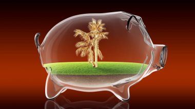 Altın palmiye şeffaf kumbara içinde. 3D render