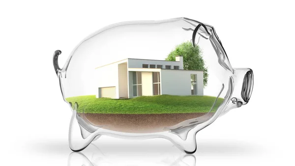 Home inside transparent piggy bank. 3d rendering — Stock Photo, Image