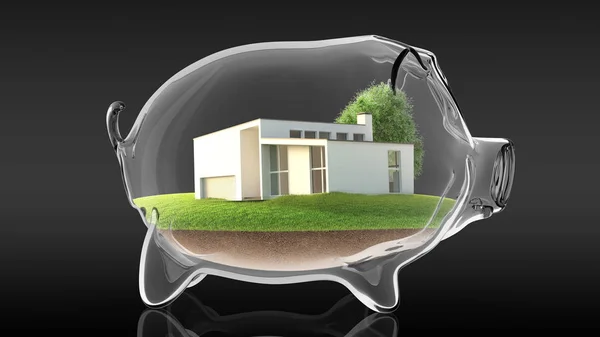 Zuhause in einem transparenten Sparschwein. 3D-Darstellung — Stockfoto