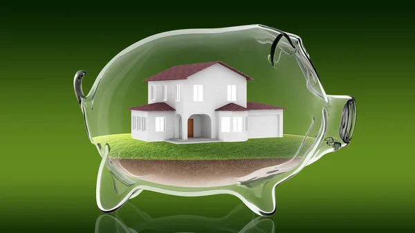 Home inside transparent piggy bank. 3d rendering — Stock Photo, Image