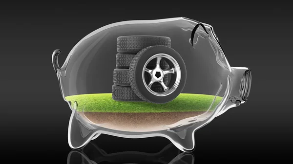Gumové pneumatiky uvnitř průhledného prasátko. 3D vykreslování — Stock fotografie