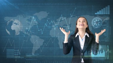 İş kadını exclamationing gülümseyerek el copyspase ile üst yayvan. İş ve yatırım kavramı arka plan