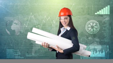 Bina, geliştirilmesi, consrtuction ve mimari konsept-işkadını turuncu kask, gözlük ile blueprint.