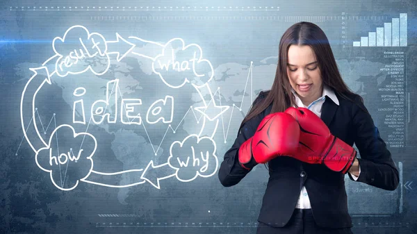 Концепція творчих ідей, боксерська бізнес-леді, що стоїть на бойовій позі на пофарбованому фоні поруч з організаційною картою ідей — стокове фото