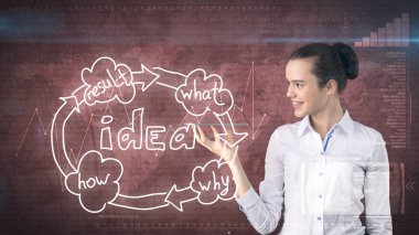 Yaratıcı fikirler kavramı, güzellik işkadını görünmez tepsi tutarak yakın fikir kuruluş şeması arka plan boyalı.