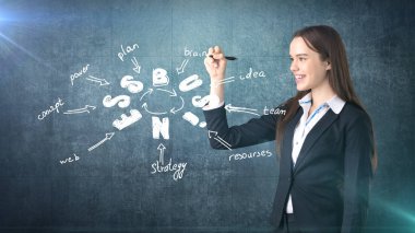 Beauty girl in a suit standing near wall and writing a business idea sketch drawn on it. Concept of a successful woman. clipart