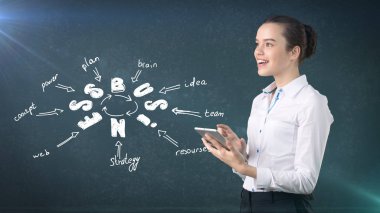 Üzerinde çizilmiş bir iş fikir kroki ile pad duvarının yakınında tutarak bir takım elbise kız. Başarılı bir işkadını kavramı.