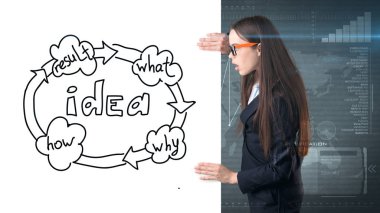 Yaratıcı fikirler kavramı, studio ayakta işkadını kuruluş şeması ile kağıt holding arka plan boyalı.