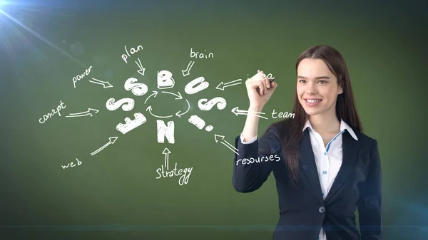 Chica de belleza en un traje de pie cerca de la pared y escribir un boceto idea de negocio dibujado en él. Concepto de mujer exitosa . — Foto de Stock