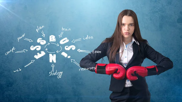 Woman in red boxing gloves standing near wall with a business idea sketch drawn on it. Concept of a successful business. — Stock Photo, Image