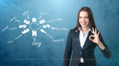 Ok işareti ile duvarının yakınında bir iş fikir kroki üzerinde çizilmiş ayakta elbiseli kadın. Başarılı bir iş kavramı.