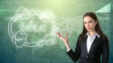 Yaratıcı fikirler kavramı, güzel işkadını studio ayakta yakınındaki fikir kuruluş şeması arka plan boyalı.