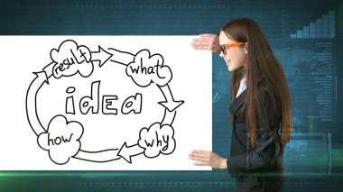 Yaratıcı fikirler kavramı, studio ayakta işkadını kuruluş şeması ile kağıt holding arka plan boyalı.