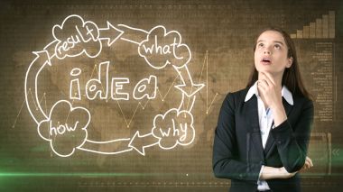 Yaratıcı fikirler kavramı, güzel işkadını studio ayakta yakınındaki fikir kuruluş şeması arka plan boyalı.