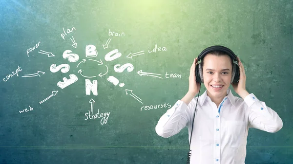 Chica de belleza en auriculares de pie cerca de la pared con una idea de negocio boceto dibujado en ella. Concepto de una exitosa mujer de negocios . — Foto de Stock