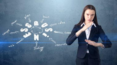 Üzerinde çizilmiş bir iş fikir kroki ile kavga poz duvarının yakınında ayakta elbiseli güzellik kız. Başarılı bir işkadını kavramı.