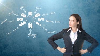 Güzellik kız duvar üzerinde çizilmiş bir iş fikir kroki ile yakın bir takım ayakta. Başarılı bir işkadını kavramı.