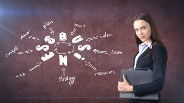 Kadın takım elbise holding evrak çantası üzerinde çizilmiş bir iş fikir kroki ile duvarının yakınında. Başarılı bir iş kavramı.