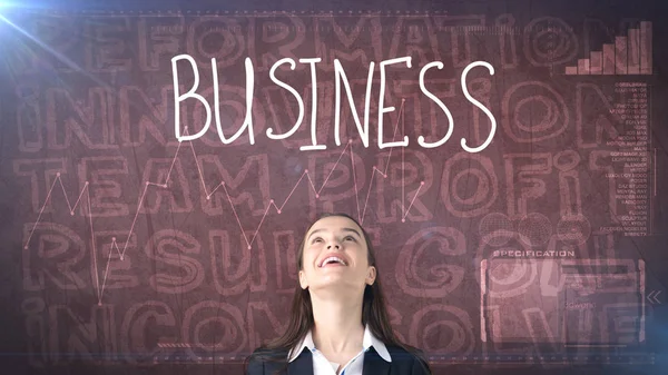 Schönheitsunternehmerin auf gemaltem Hintergrund mit Marketing-Worten. Werbung, Investition und Businessplan-Konzept — Stockfoto