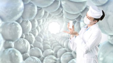 Üniformalı güzel tıbbi kadın doktor. Arka plan boyalı stüdyo. Karlı sağlık kavramı.