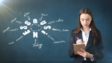 Üzerinde çizilmiş bir iş fikir kroki ile duvarının yakınında defter tutan takım elbiseli kadın. Başarılı bir iş kavramı.