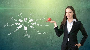 İş fikir kroki üzerinde çizilmiş ile duvarının yakınında Kırmızı elma ayakta tutan takım elbiseli kadın. Sağlıklı bir iş kavramı