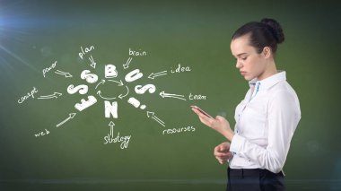 Güzellik kız duvar üzerinde çizilmiş bir iş fikir kroki ile yakın bir takım ayakta. Başarılı bir işkadını kavramı.