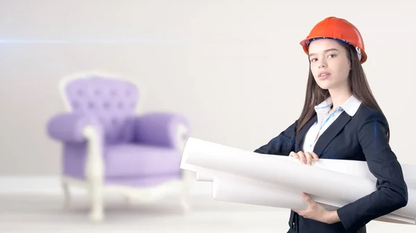 Joven hermosa mujer de negocios y diseñador creativo de pie sobre el fondo interior borrosa — Foto de Stock