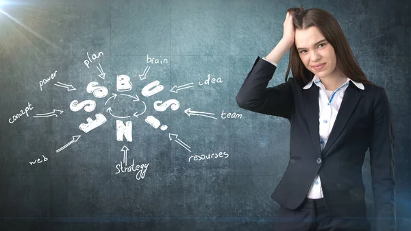 Kadın basınç ayakta üzerinde çizilmiş bir iş fikir kroki ile duvarının yakınında altında. Stresli bir iş kavramı.