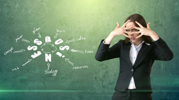 Güzellik kız duvar üzerinde çizilmiş bir iş fikir kroki ile yakın bir takım ayakta. Başarılı bir işkadını kavramı.