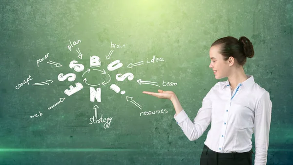 Güzellik kız duvar üzerinde çizilmiş bir iş fikir kroki ile yakın bir takım ayakta. Başarılı bir işkadını kavramı.