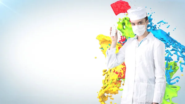 Hermosa doctora de uniforme. Estudio pintado de fondo. Concepto de asistencia sanitaria rentable . —  Fotos de Stock