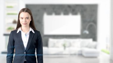 Genç iş kadını iç arka plan üzerinde