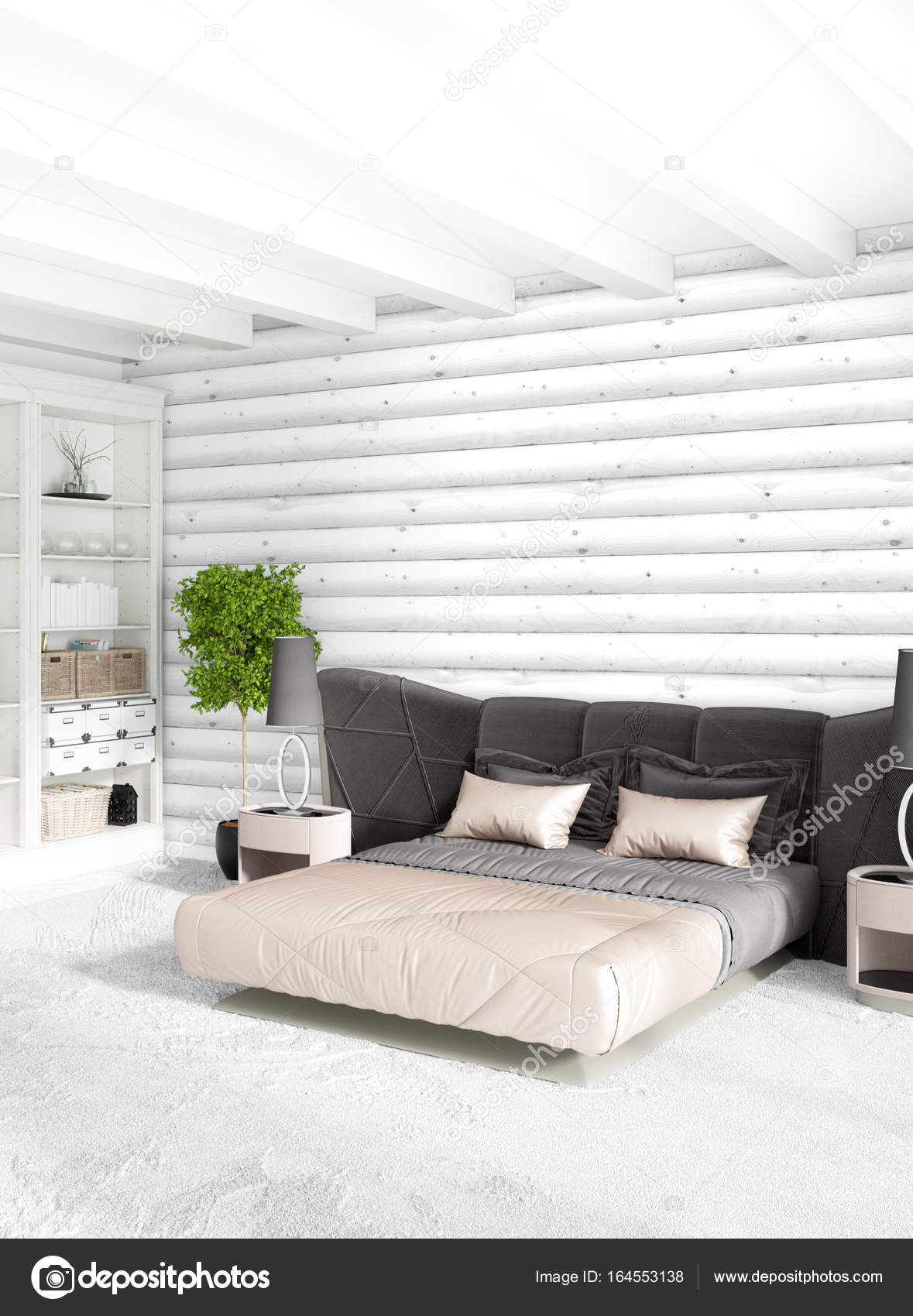 Wit slaapkamer minimalistische stijl interieur met houten muur en ... Wit slaapkamer minimalistische stijl interieur met houten muur en ...