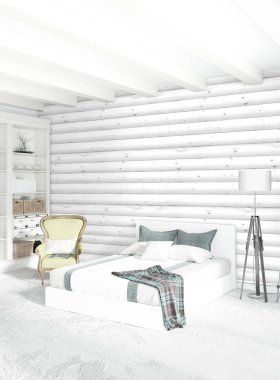 Beyaz yatak odası en az stil iç tasarım ahşap duvar ile. 3D render. 3D çizim