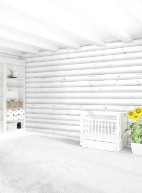 Beyaz yatak odası en az stil iç tasarım ahşap duvar ile. 3D render. 3D çizim