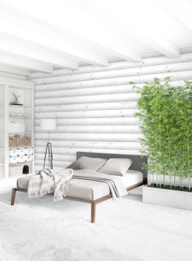 Beyaz yatak odası en az stil iç tasarım ahşap duvar ve gri Kanepeli. 3D render. 3D çizim