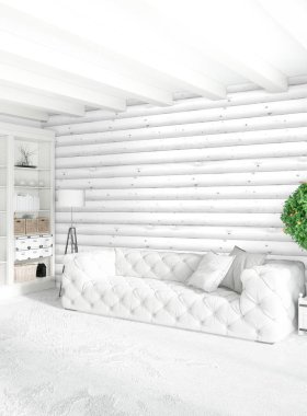 Beyaz yatak odası en az stil iç tasarım ahşap duvar ile. 3D render. 3D çizim