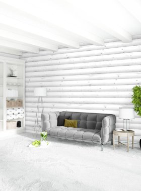 Beyaz yatak odası en az stil iç tasarım ahşap duvar ve gri Kanepeli. 3D render. 3D çizim