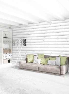 Beyaz yatak odası en az stil iç tasarım ahşap duvar ile. 3D render. 3D çizim