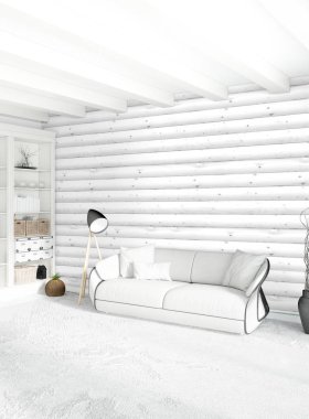 Beyaz yatak odası en az stil iç tasarım ahşap duvar ile. 3D render. 3D çizim
