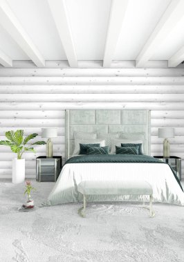 Beyaz yatak odası en az stil iç tasarım ahşap duvar ve gri Kanepeli. 3D render. 3D çizim