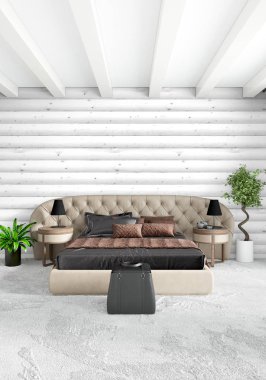 Beyaz yatak odası en az stil iç tasarım ahşap duvar ve karanlık Kanepeli. 3D render. 3D çizim